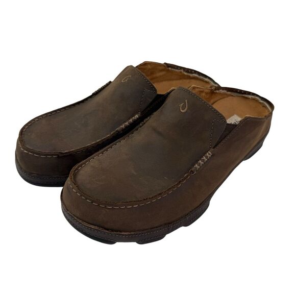 OluKai Moloa Men 11 Nubuck Leather Slip-On Loafers Mules BACK CUT OUT - Picture 1 of 12